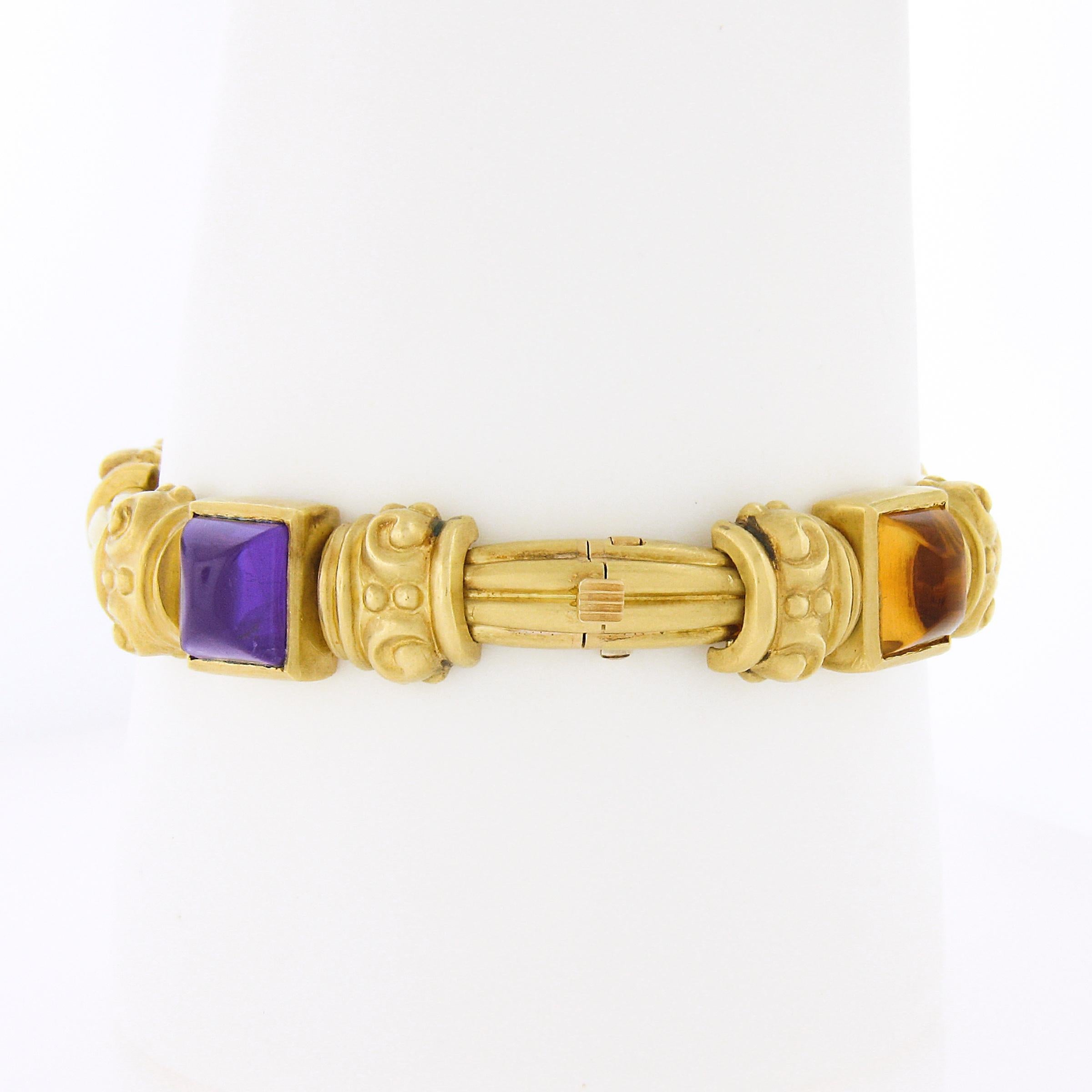 Women's or Men's 18K Gold & Bezel Set Multi Color Cabochon Gemstone Scroll Grooved Link Bracelet For Sale