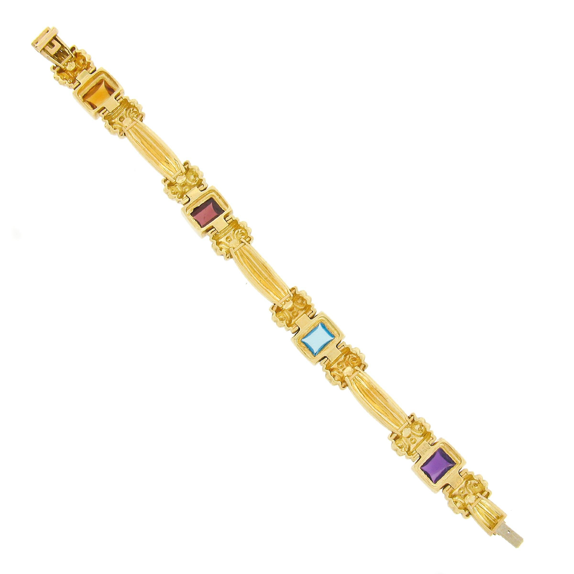 18K Gold & Bezel Set Multi Color Cabochon Gemstone Scroll Grooved Link Bracelet For Sale 1