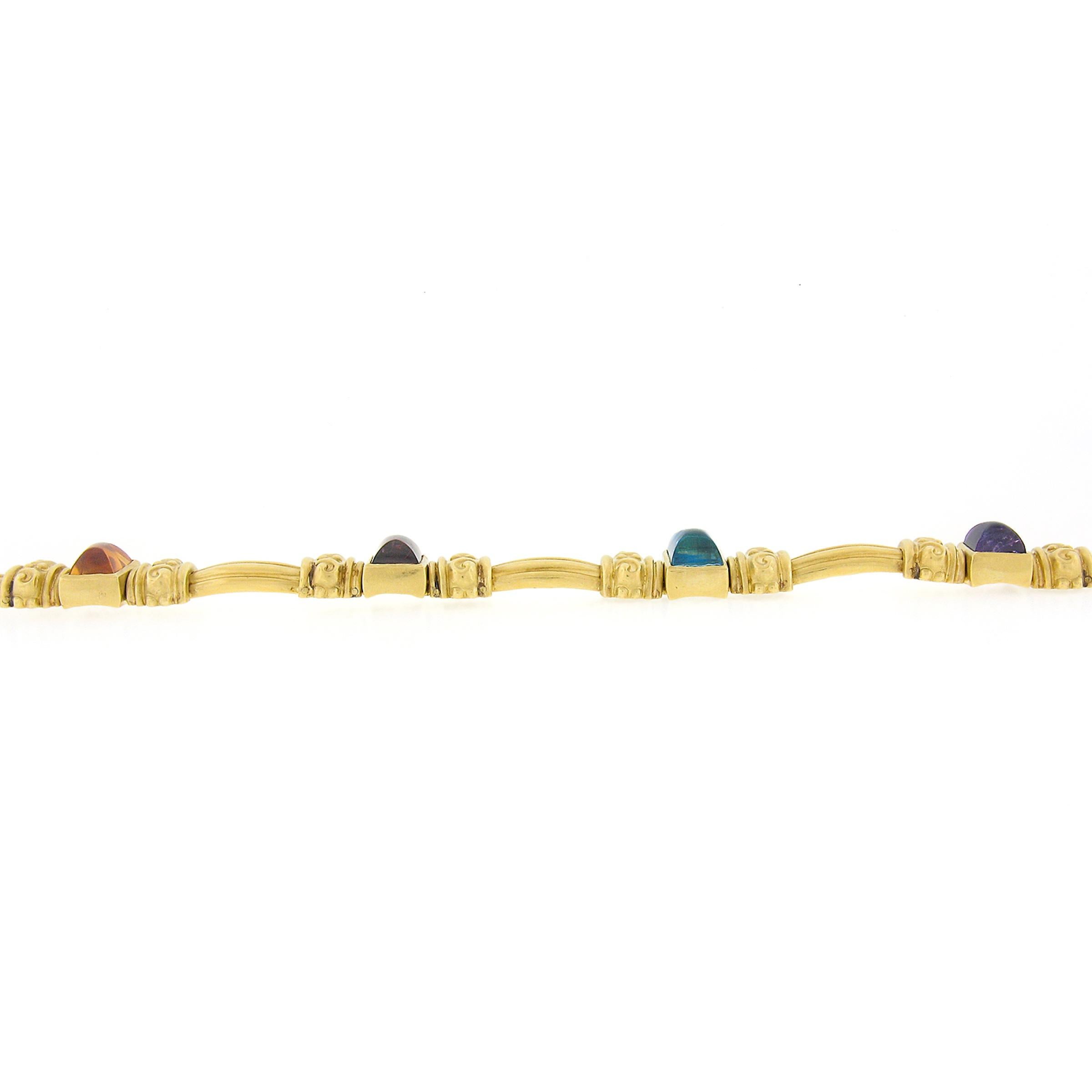 18K Gold & Bezel Set Multi Color Cabochon Gemstone Scroll Grooved Link Bracelet For Sale 2