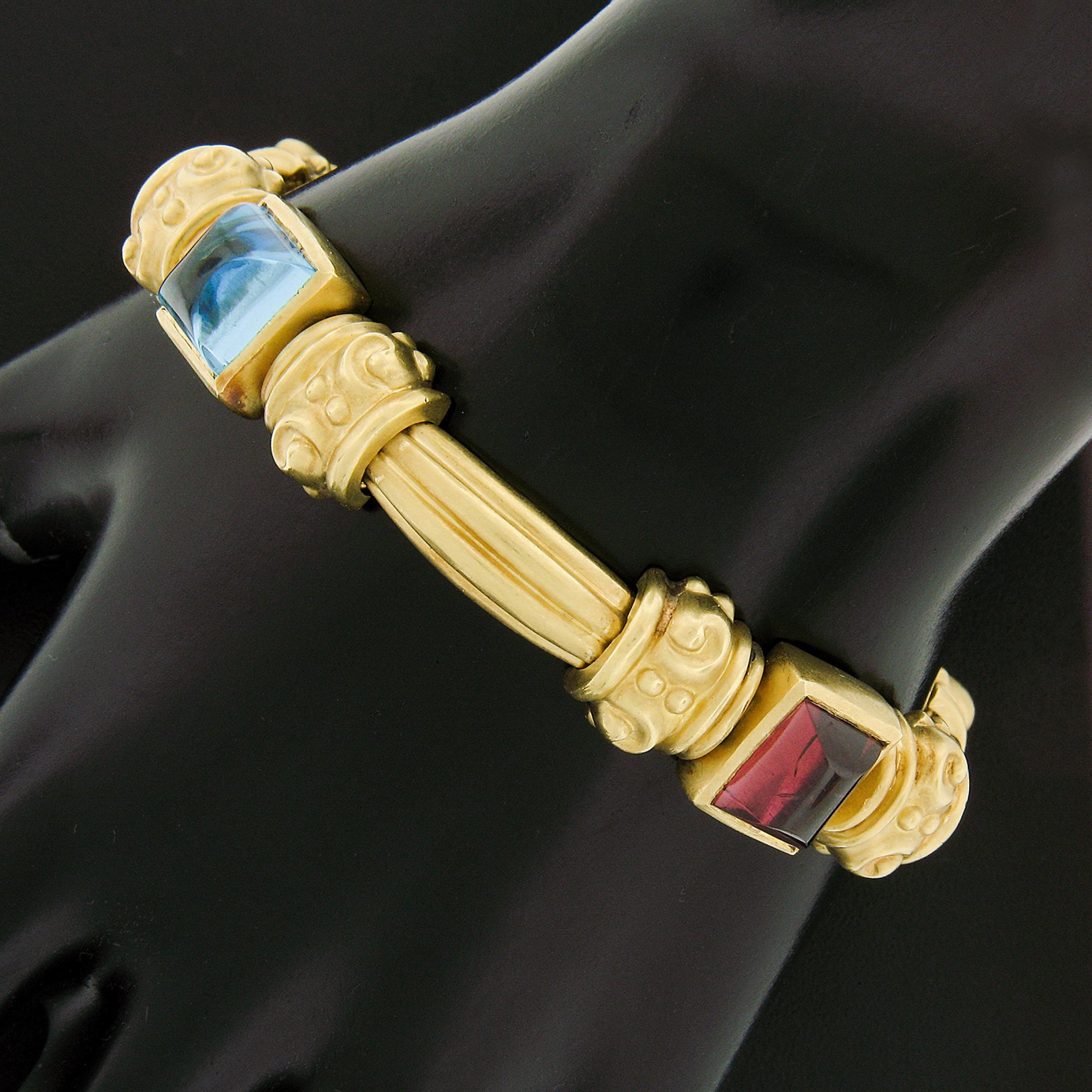 18K Gold & Bezel Set Multi Color Cabochon Gemstone Scroll Grooved Link Bracelet For Sale 3