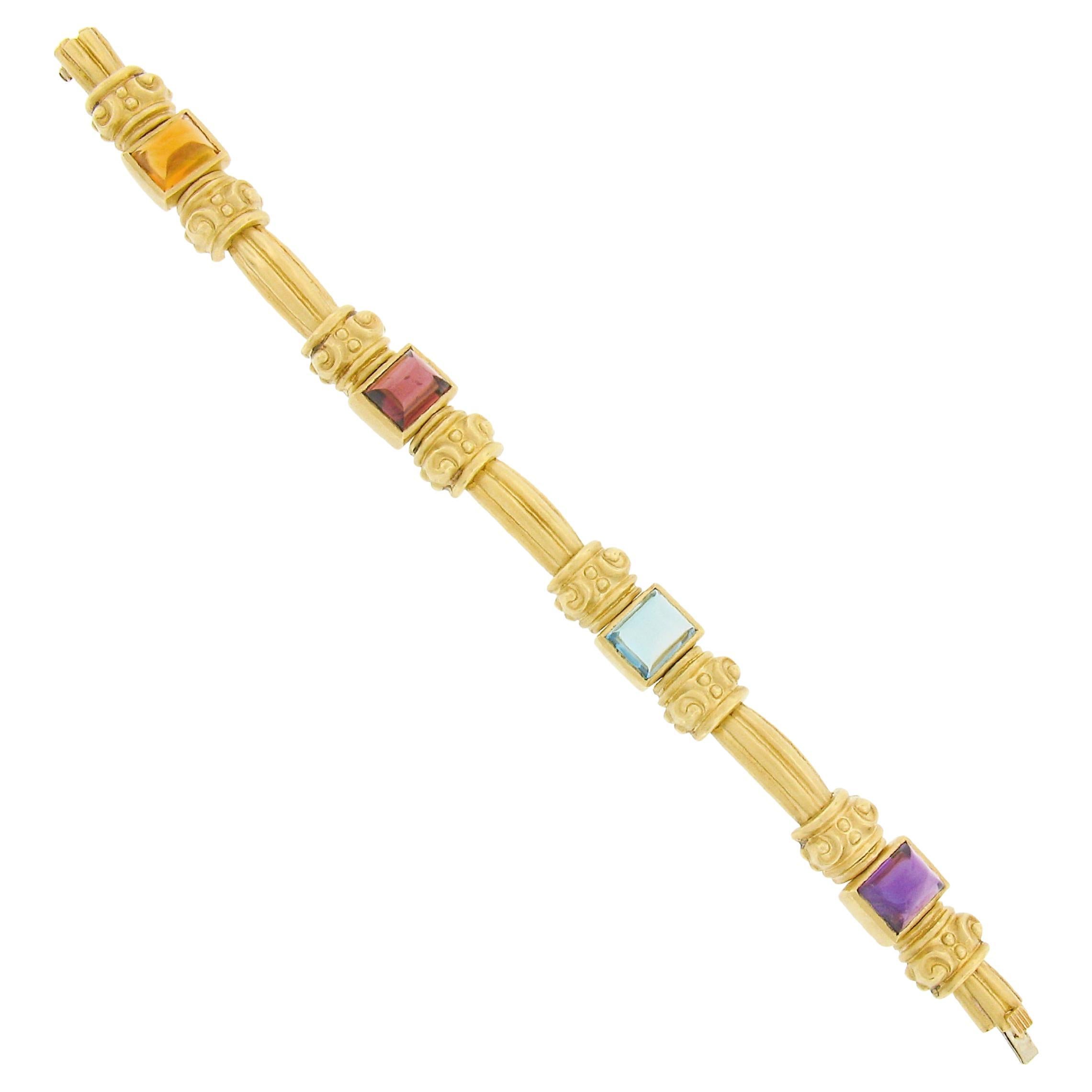 18K Gold & Bezel Set Multi Color Cabochon Gemstone Scroll Grooved Link Bracelet For Sale