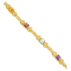 18K Gold & Bezel Set Multi Color Cabochon Gemstone Scroll Grooved Link Bracelet