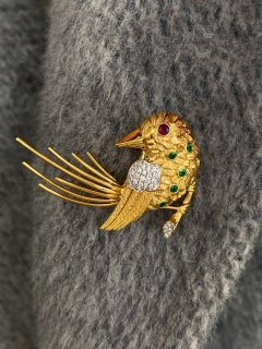 Gold Bird Brooch With Diamonds and Gems