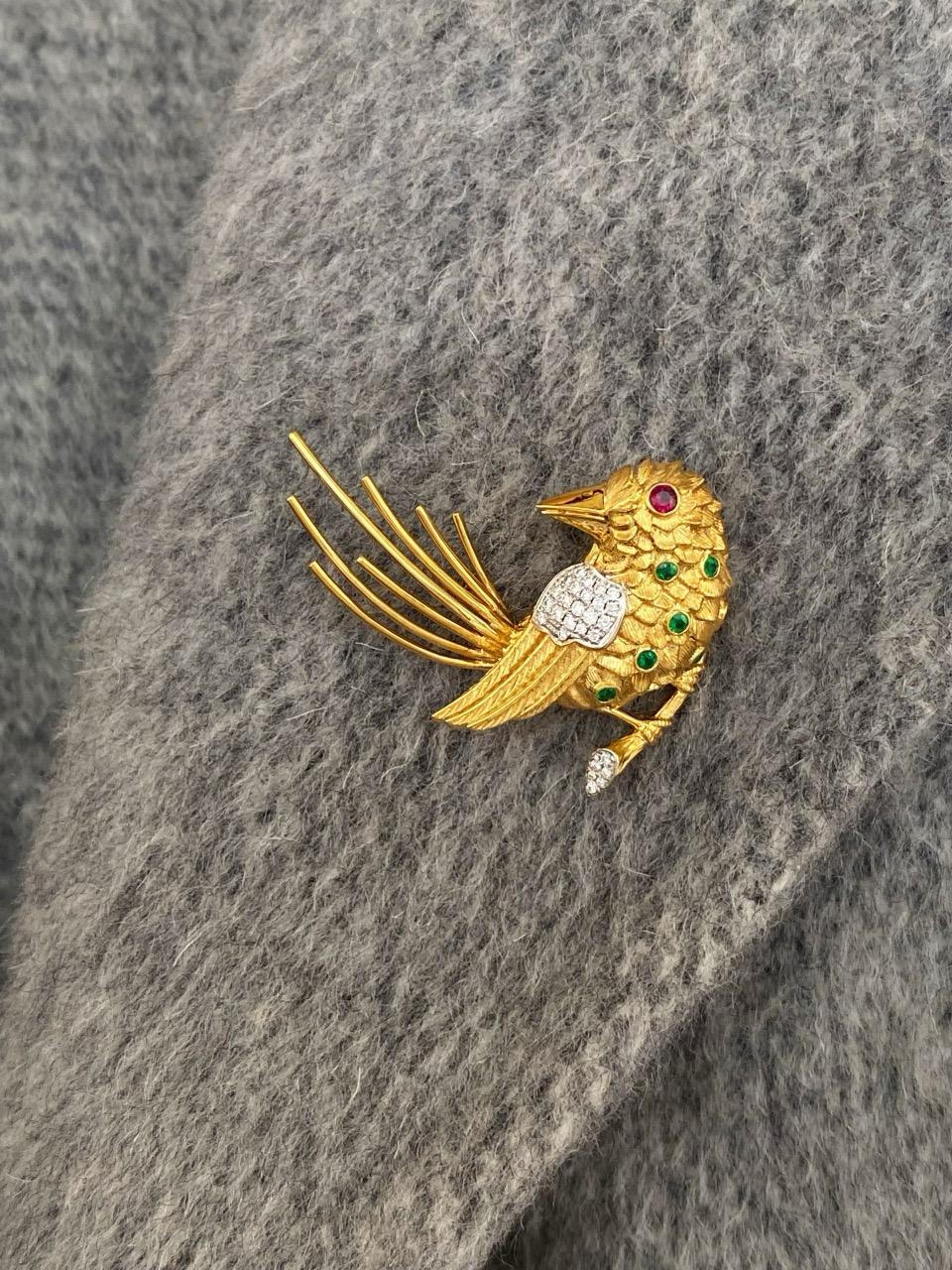 Femenino o masculino Broche Pájaro Oro 18K 0,13ct Diamante 0,22ct Gema Encanto en venta