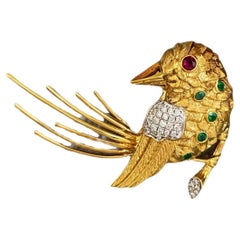 18K Gold Vogel-Brosche 0,13ct Diamant 0,22ct Edelstein Verzauberung