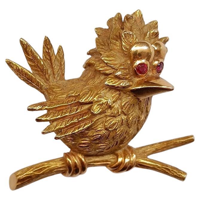 18k Gold Bird Brooch Pin - Vintage Animal Gold Brooch - Adolphe Chretien, France