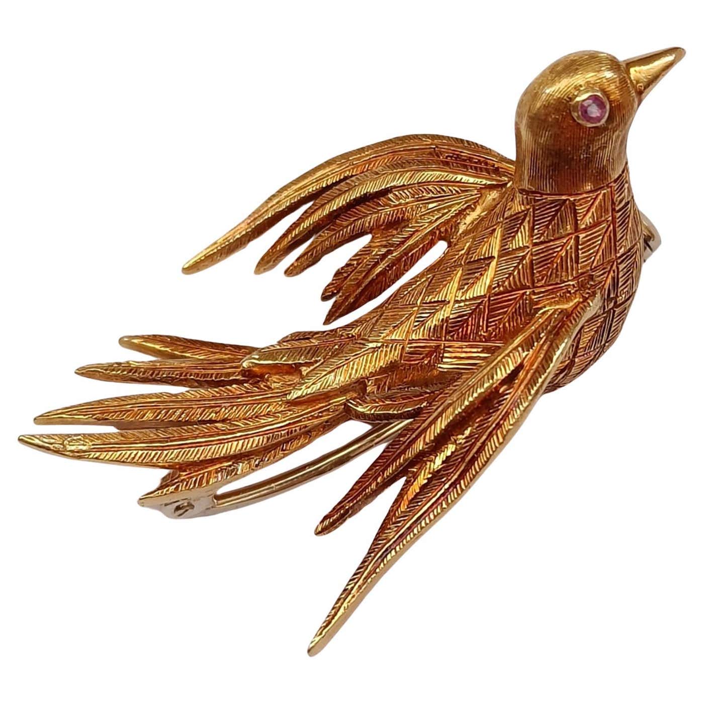 Boocha Bird Bird Brooch 18k Gold - Vintage Animal Gold Brooch For Sale at 1stDibs