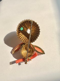 18k Gold Bird Brooch with Emerald and Coral