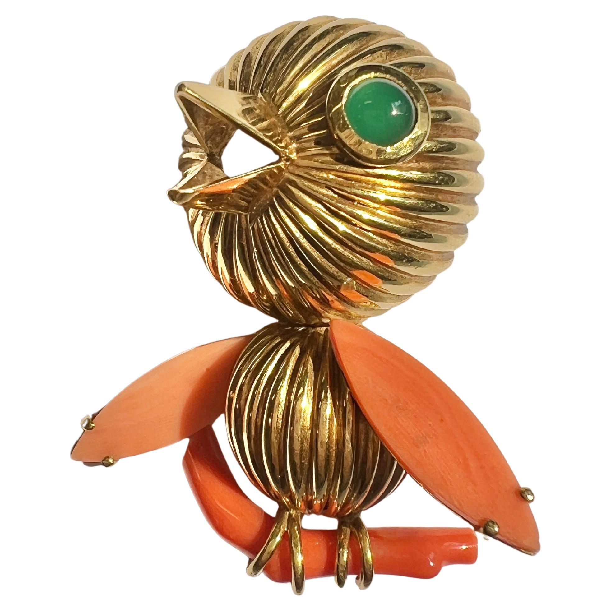 18k Gold Bird Brooch with Emerald and Coral