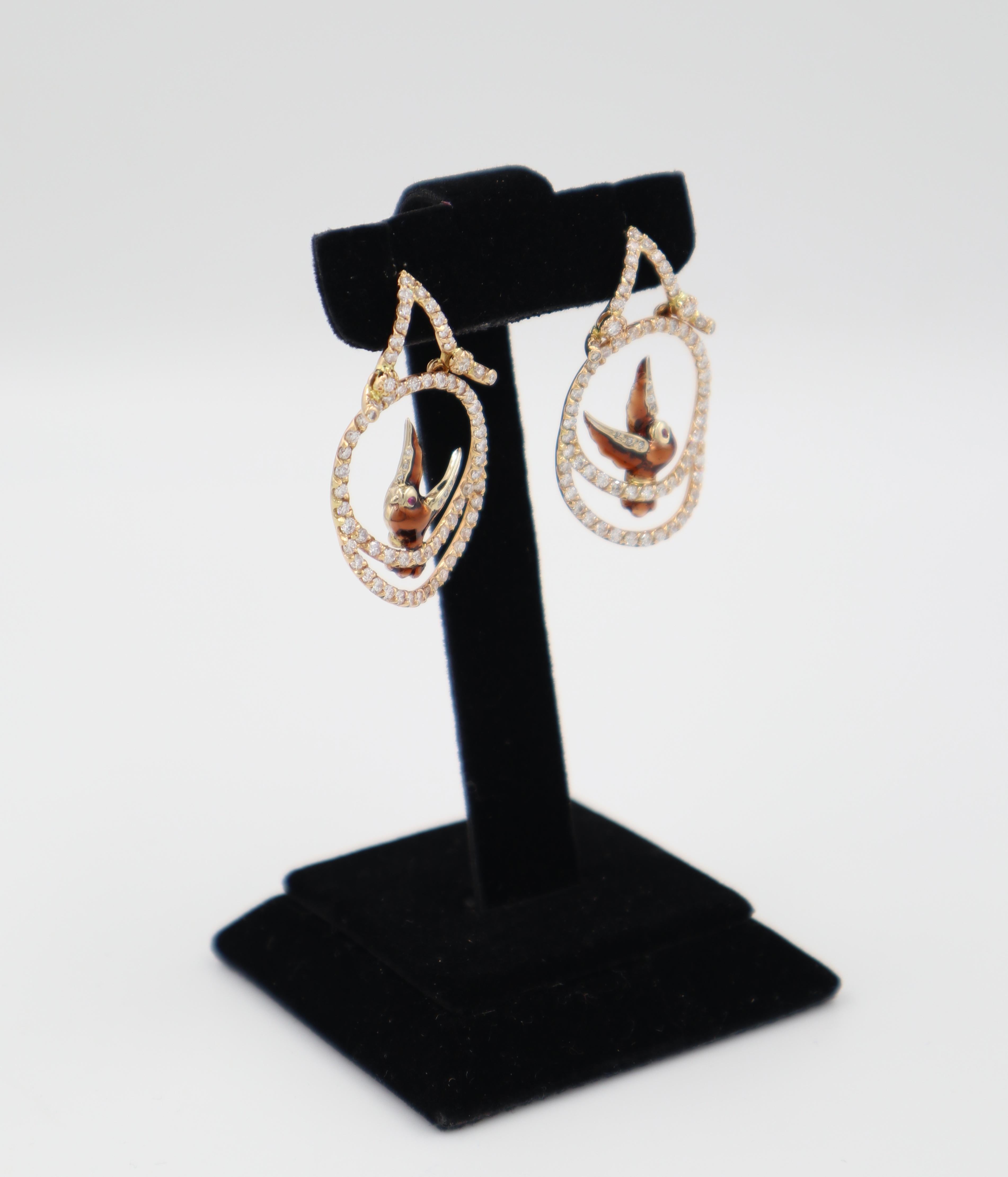 Brilliant Cut 18K Gold Bird Dangle Earrings with Diamonds For Sale