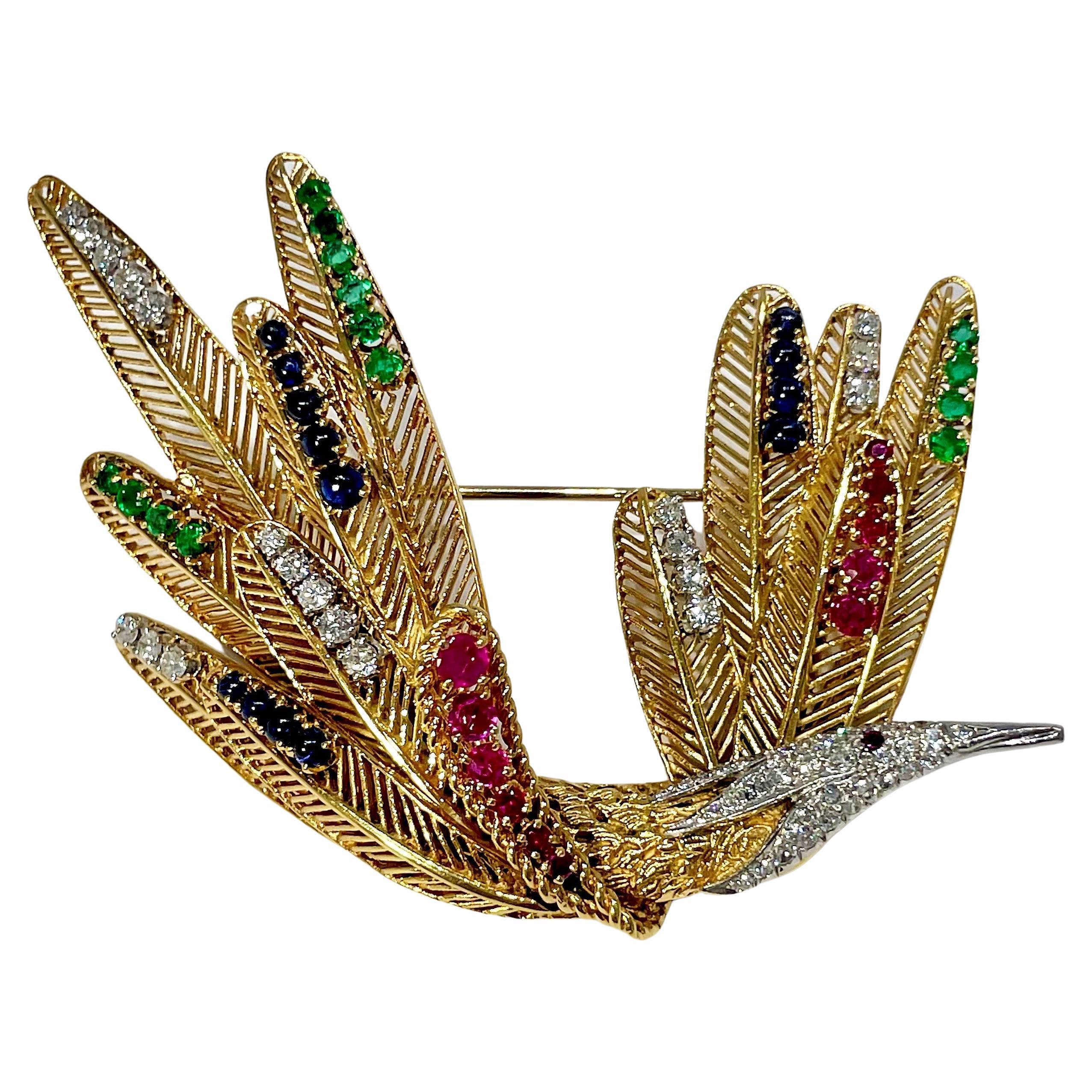 18k Gold "Bird in Flight" Brooch with Diamonds, Rubies, Emeralds and Sapphires