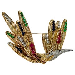 18k Gold "Bird in Flight" Brooch with Diamonds, Rubies, Emeralds and Sapphires