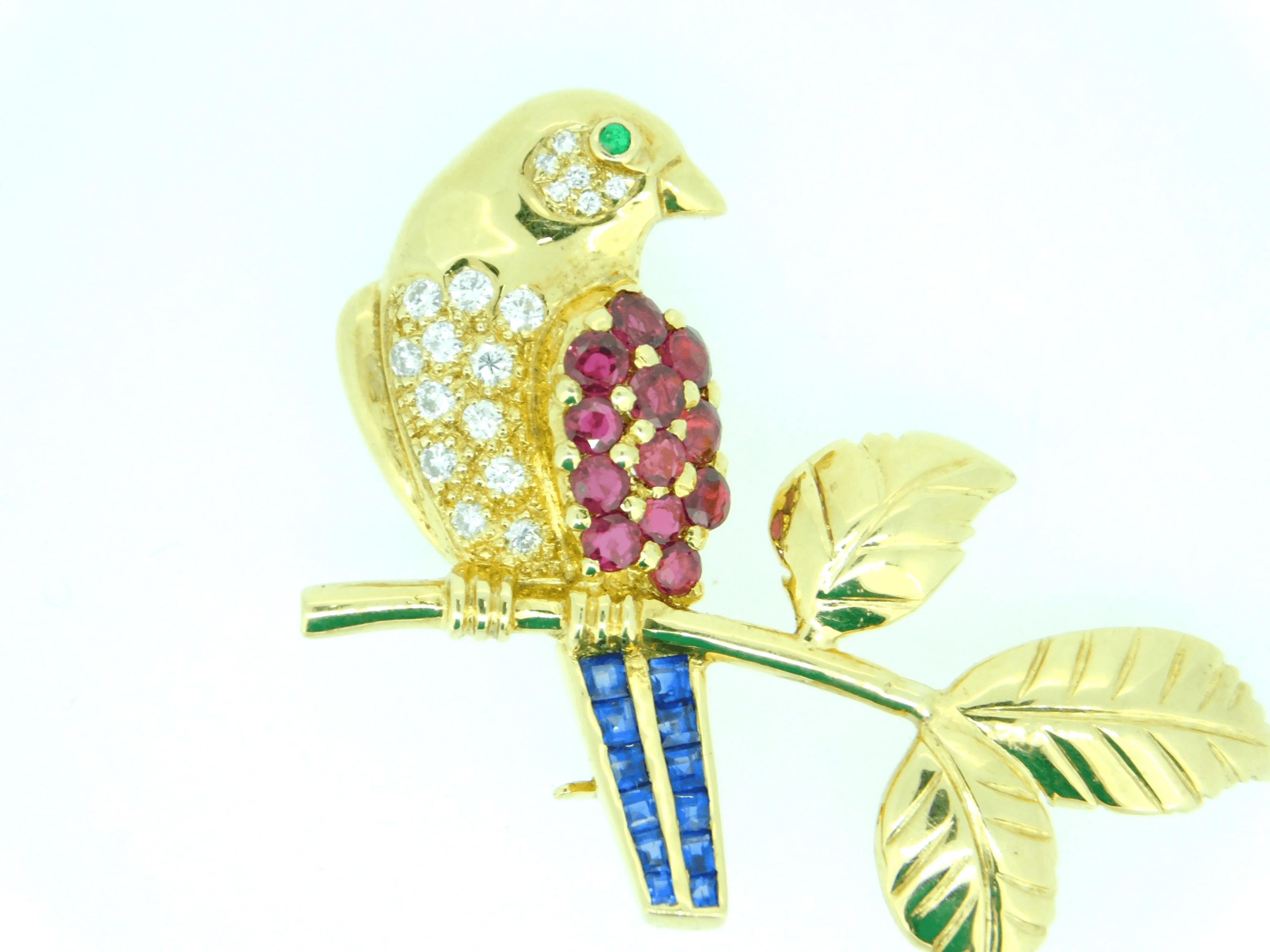 Contemporary 18k Gold Bird on Branch Pin w/ Genuine Natural Rubies Sapphires Diamonds #J4361
