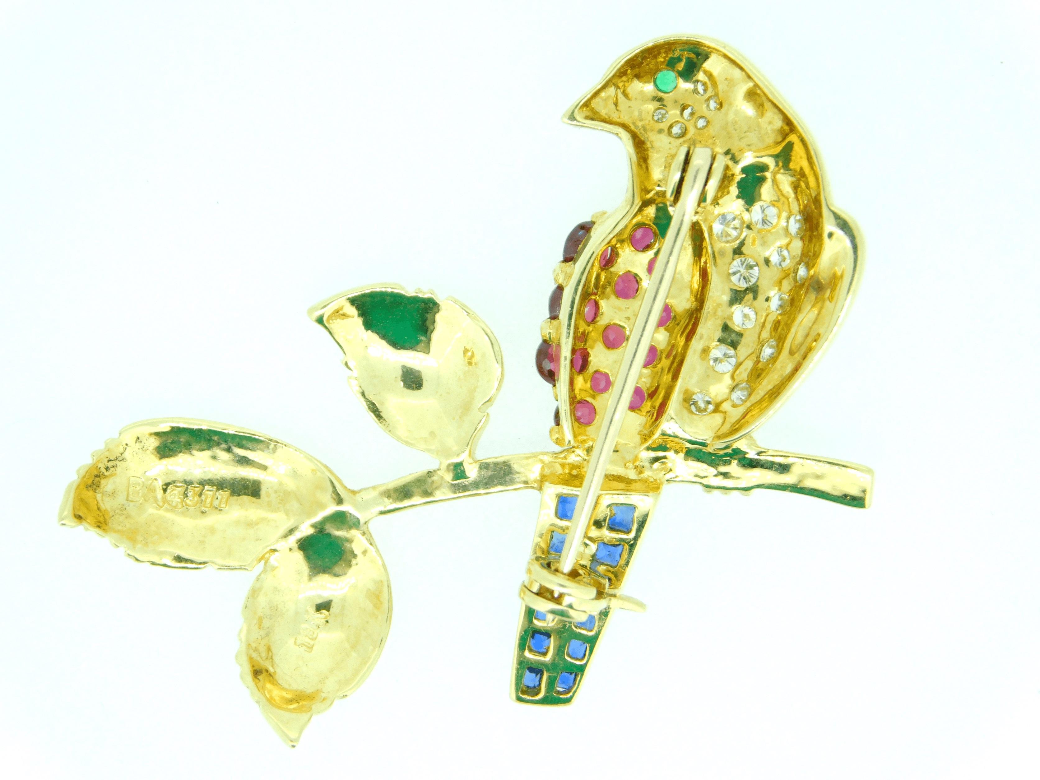 Brilliant Cut 18k Gold Bird on Branch Pin w/ Genuine Natural Rubies Sapphires Diamonds #J4361