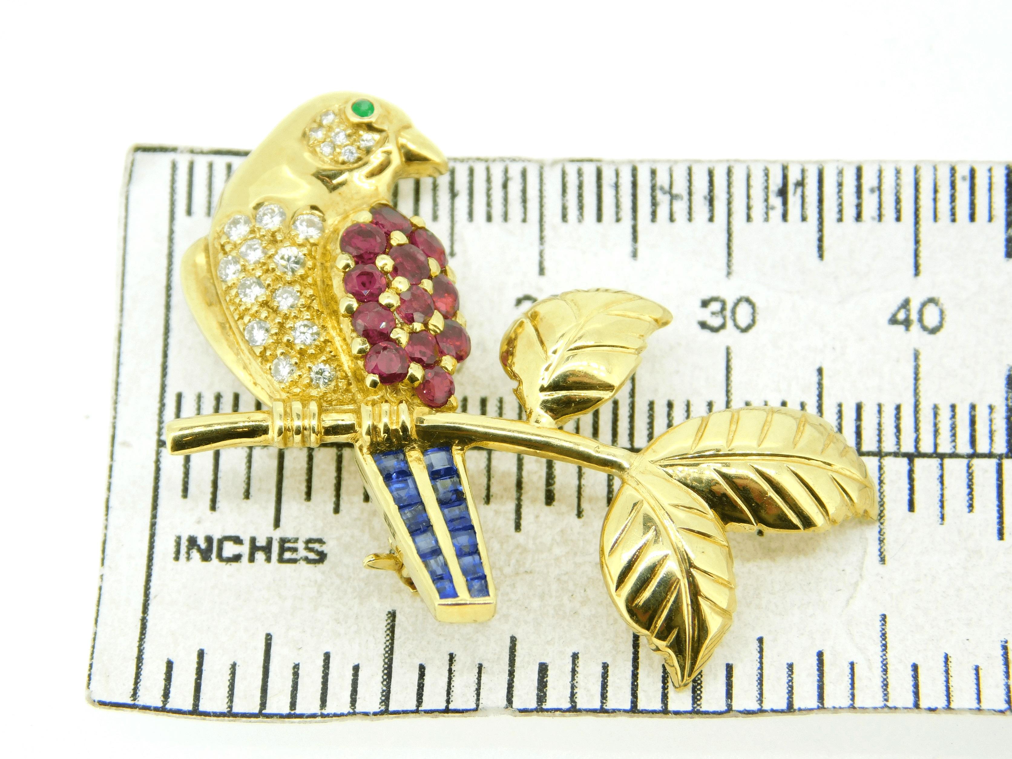 Women's or Men's 18k Gold Bird on Branch Pin w/ Genuine Natural Rubies Sapphires Diamonds #J4361