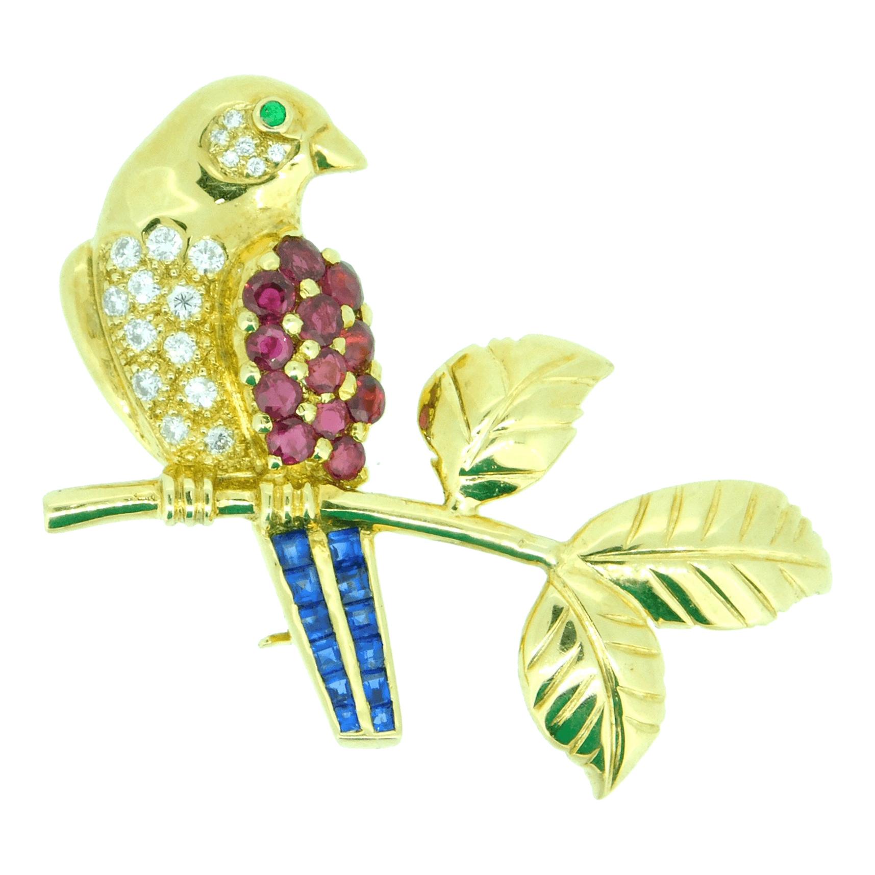 18k Gold Bird on Branch Pin w/ Genuine Natural Rubies Sapphires Diamonds #J4361