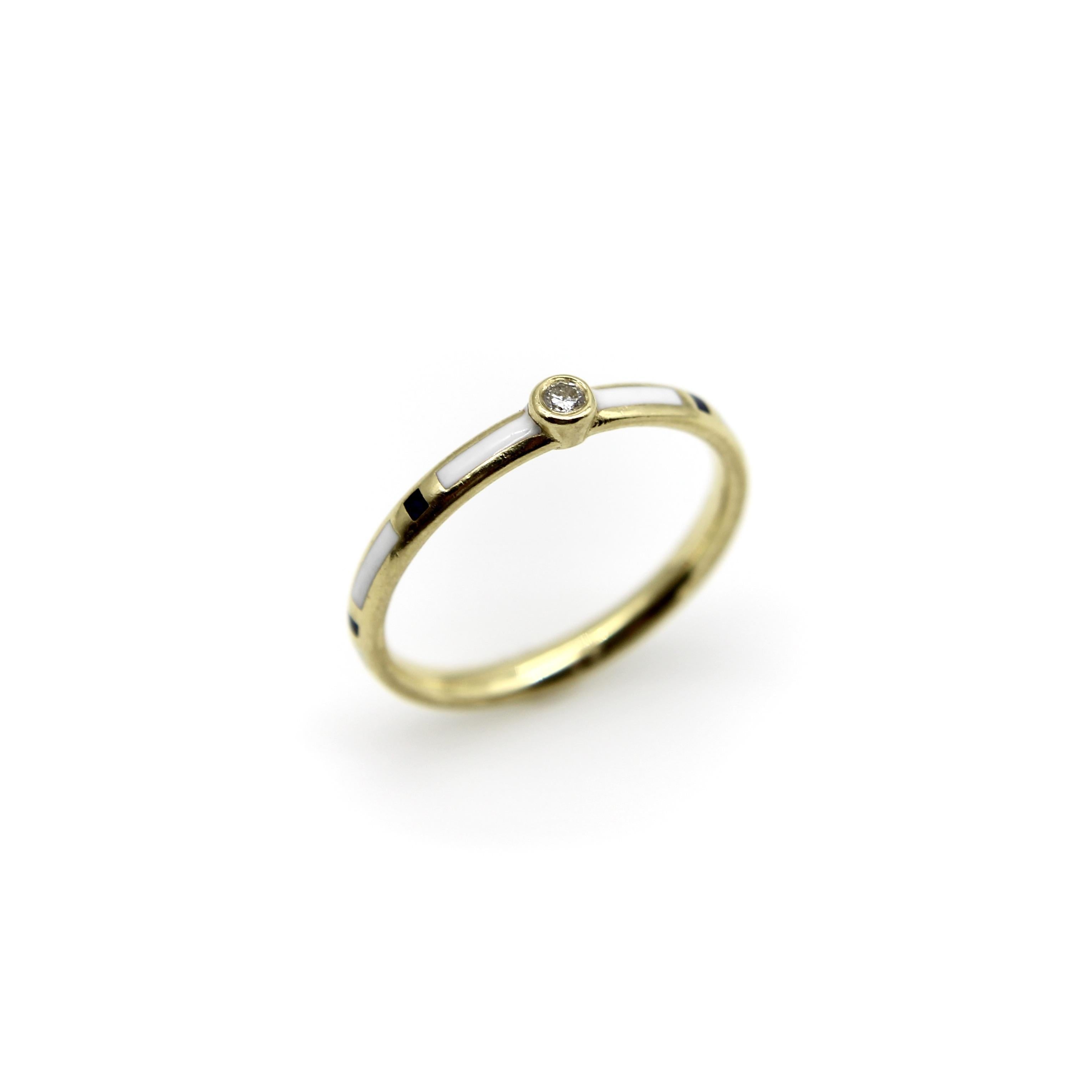 Contemporary 18K Gold Black and White Enameled Ring with Diamond Accent For Sale