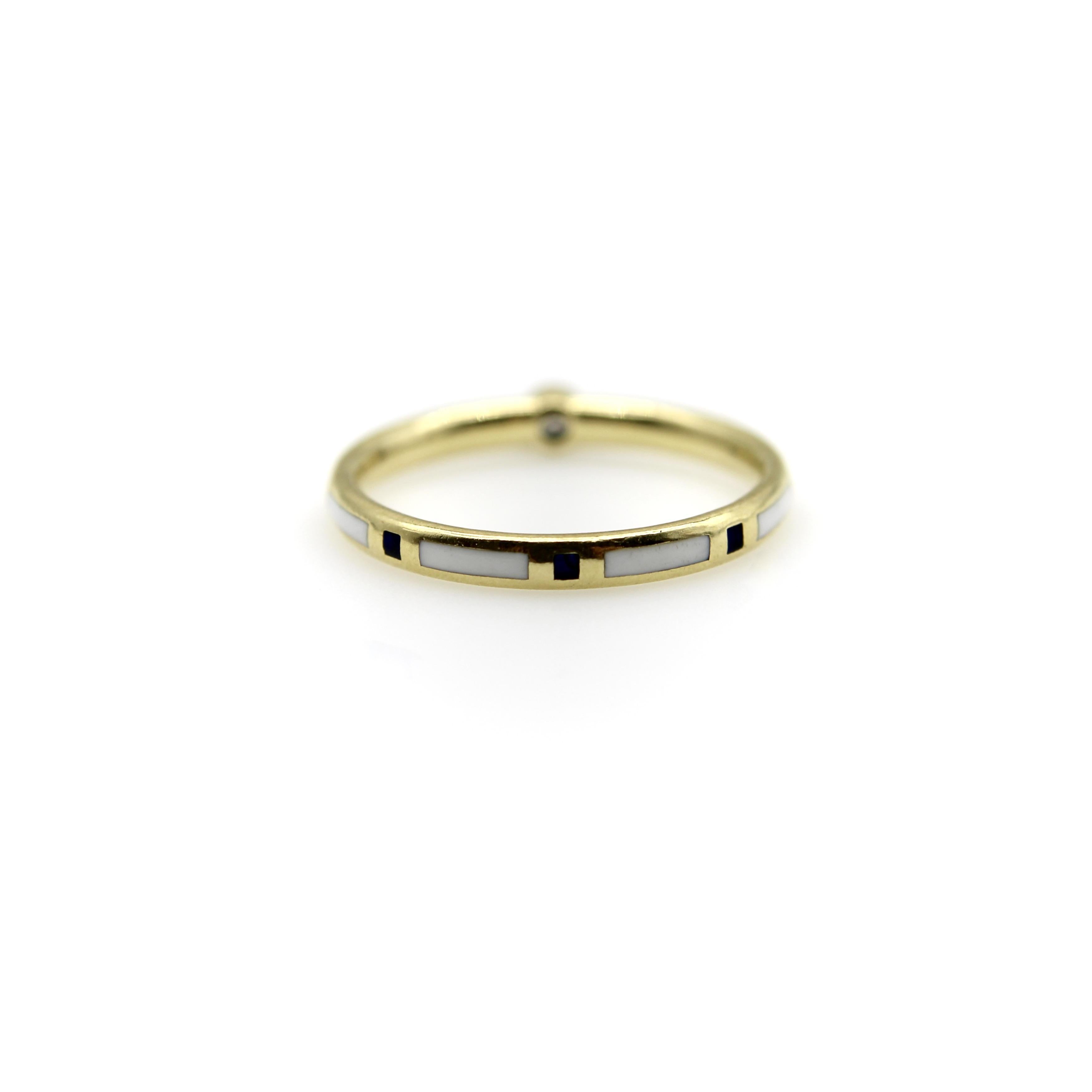 Women's or Men's 18K Gold Black and White Enameled Ring with Diamond Accent For Sale