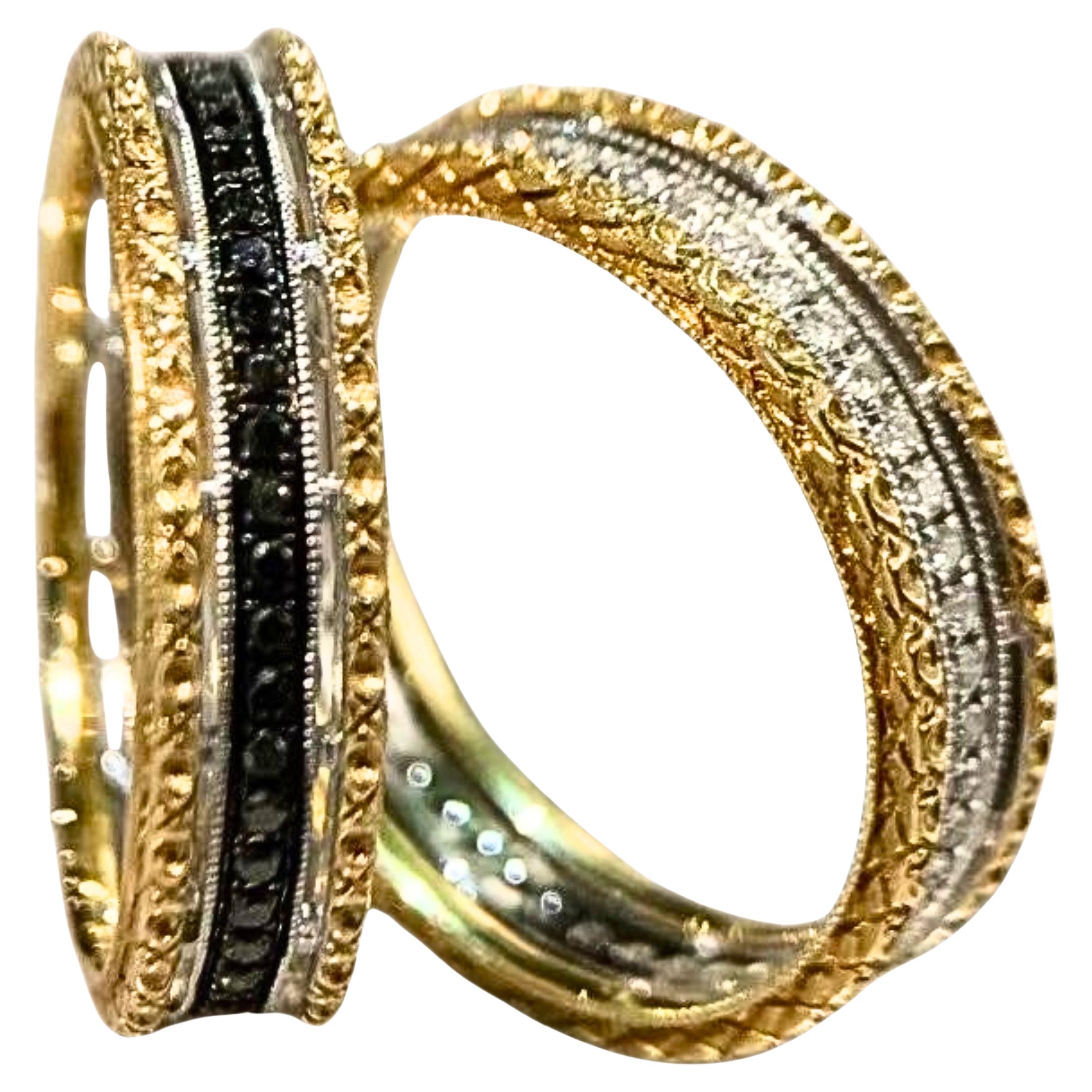 18K Gold Black Diamond & Diamond Lovers' Ring Set For Sale