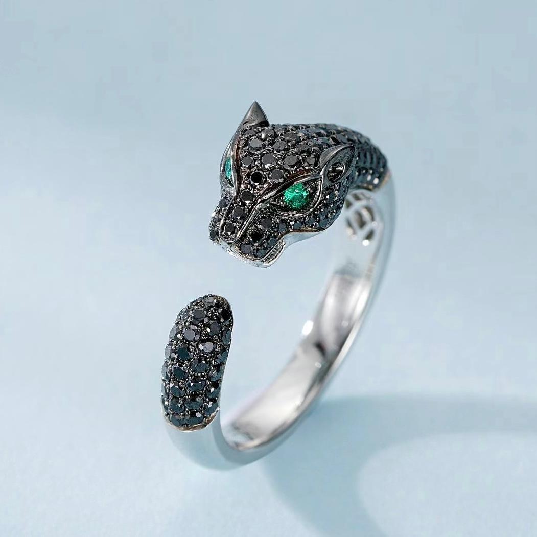 Modern 18K Gold Black Diamond & Tsavorite Leopard Shaped Ring For Sale