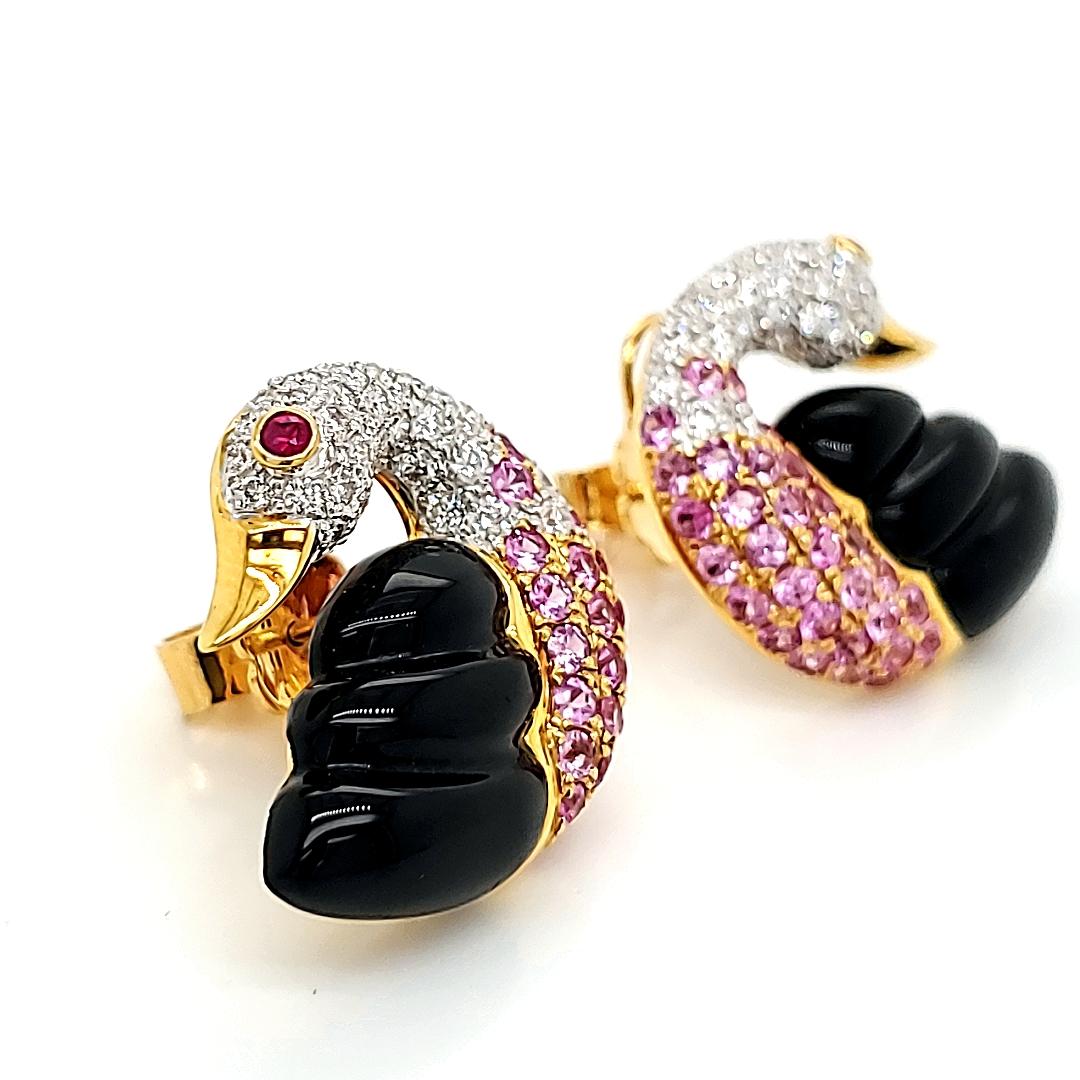 Contemporary 18k Gold, Black Jade, Pink Sapphire, and Diamond Swan Earrings For Sale