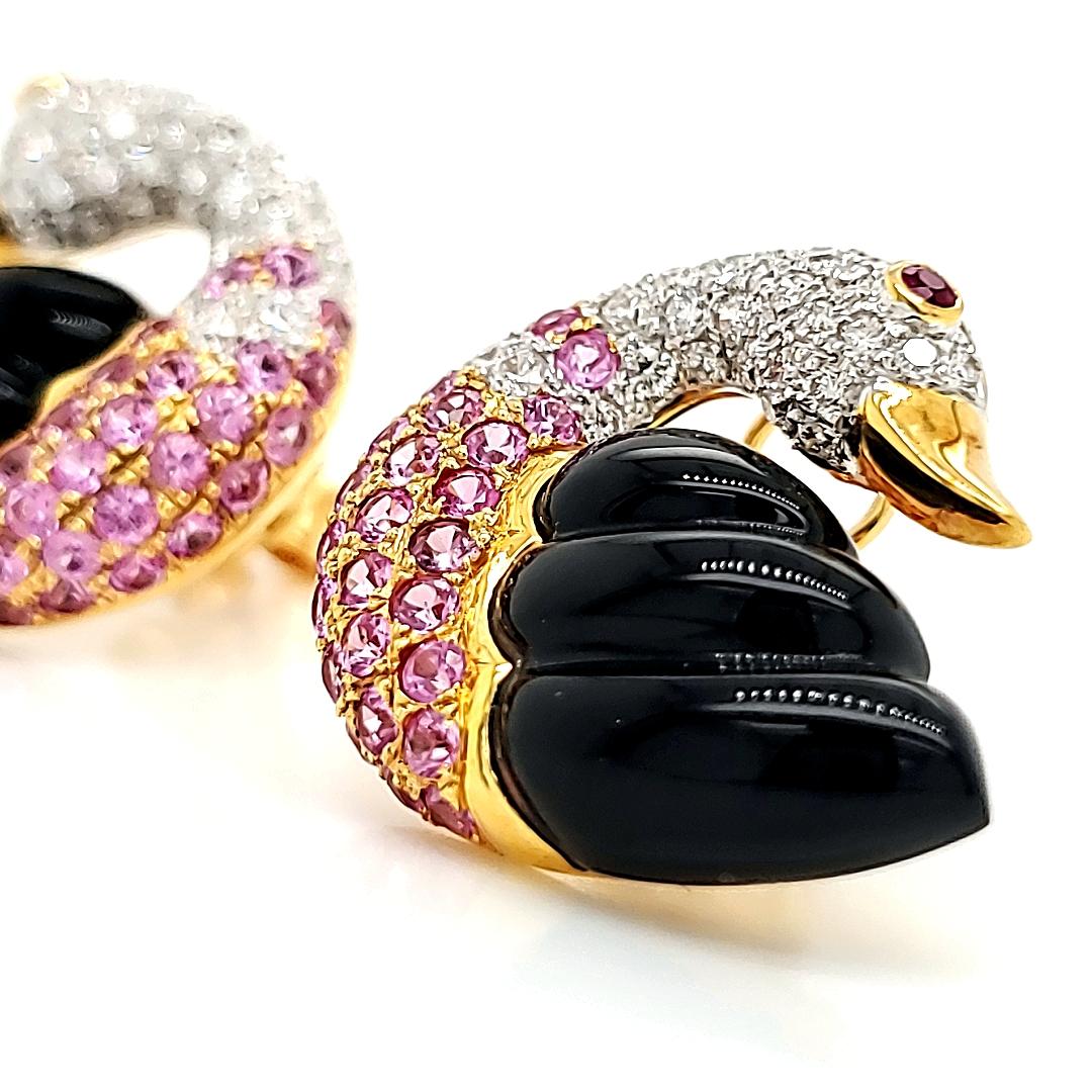 Round Cut 18k Gold, Black Jade, Pink Sapphire, and Diamond Swan Earrings For Sale