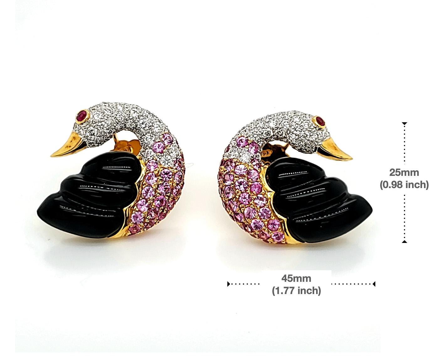 18k Gold, Black Jade, Pink Sapphire, and Diamond Swan Earrings For Sale 2