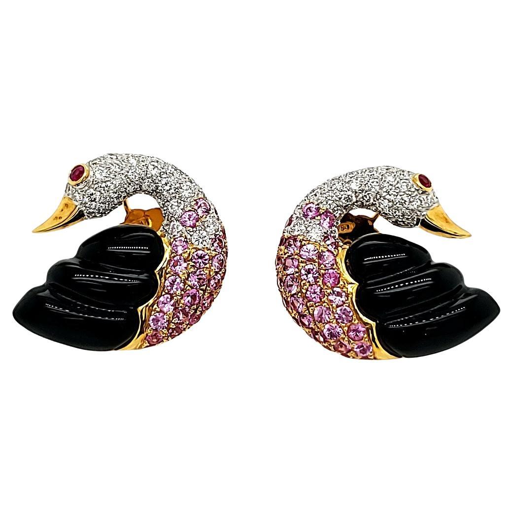 18k Gold, Black Jade, Pink Sapphire, and Diamond Swan Earrings For Sale