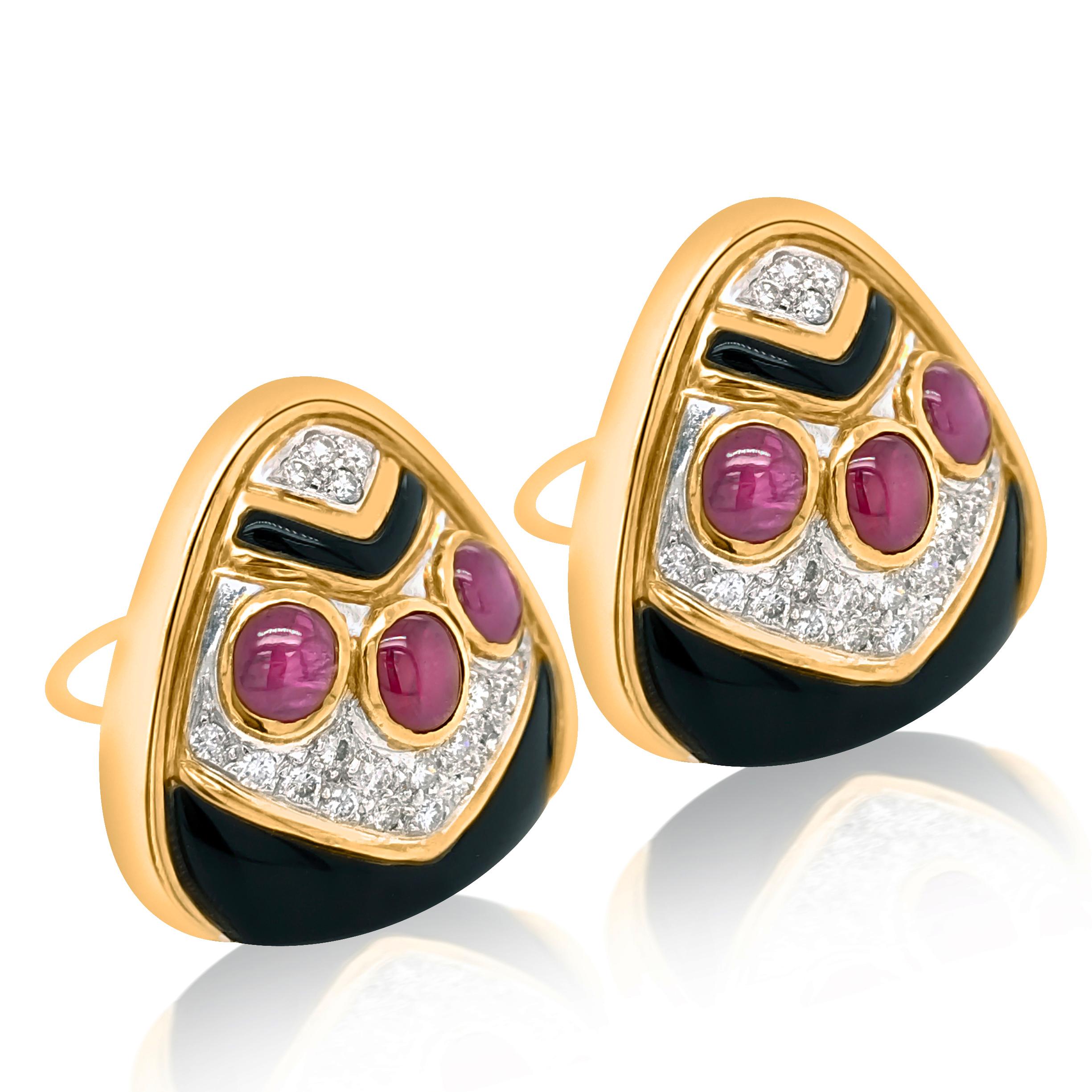 This pair of glamorous earrings is crafted in solid 18K yellow gold, with two white gold fan-shaped parts and black onyx. They are adorned with 6 genuine cabochon cut rubies approx. 8.35 carats and 40 round diamonds of approx. 1.00ct. The earrings