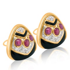 18 Karat Gold, Black Onyx, Cabochon Ruby and Diamond Earclips