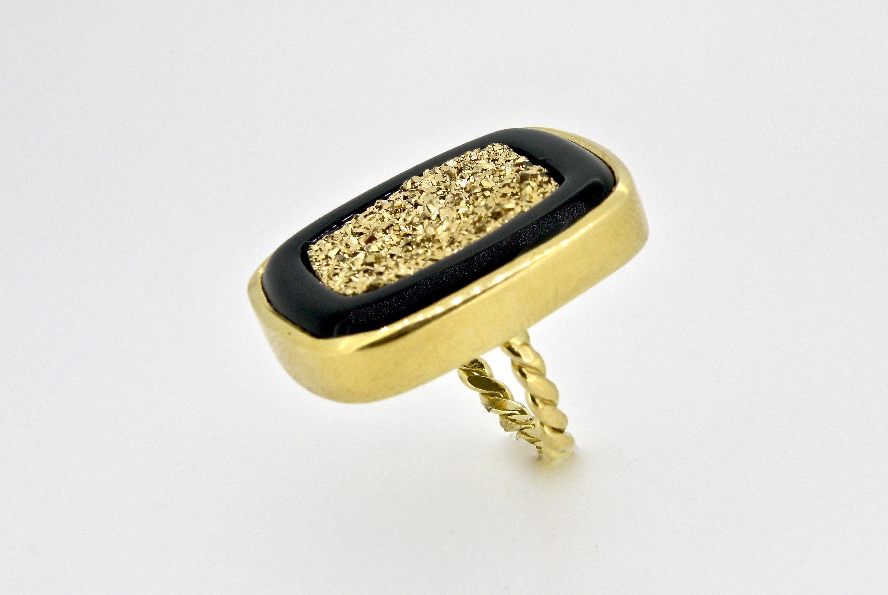 18K Gold Black Onyx Druzy Ring with twisted gold band