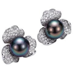 18K Gold Black Pearl and Diamond Earrings, Modern Design, USA