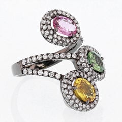 18 Karat Gold Black Rhodium Multi-Color Sapphires and Diamond Ring
