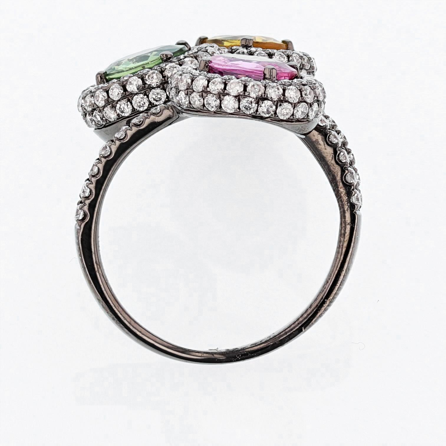 Contemporary 18 Karat Gold Black Rhodium Multi-Color Sapphires and Diamond Ring For Sale