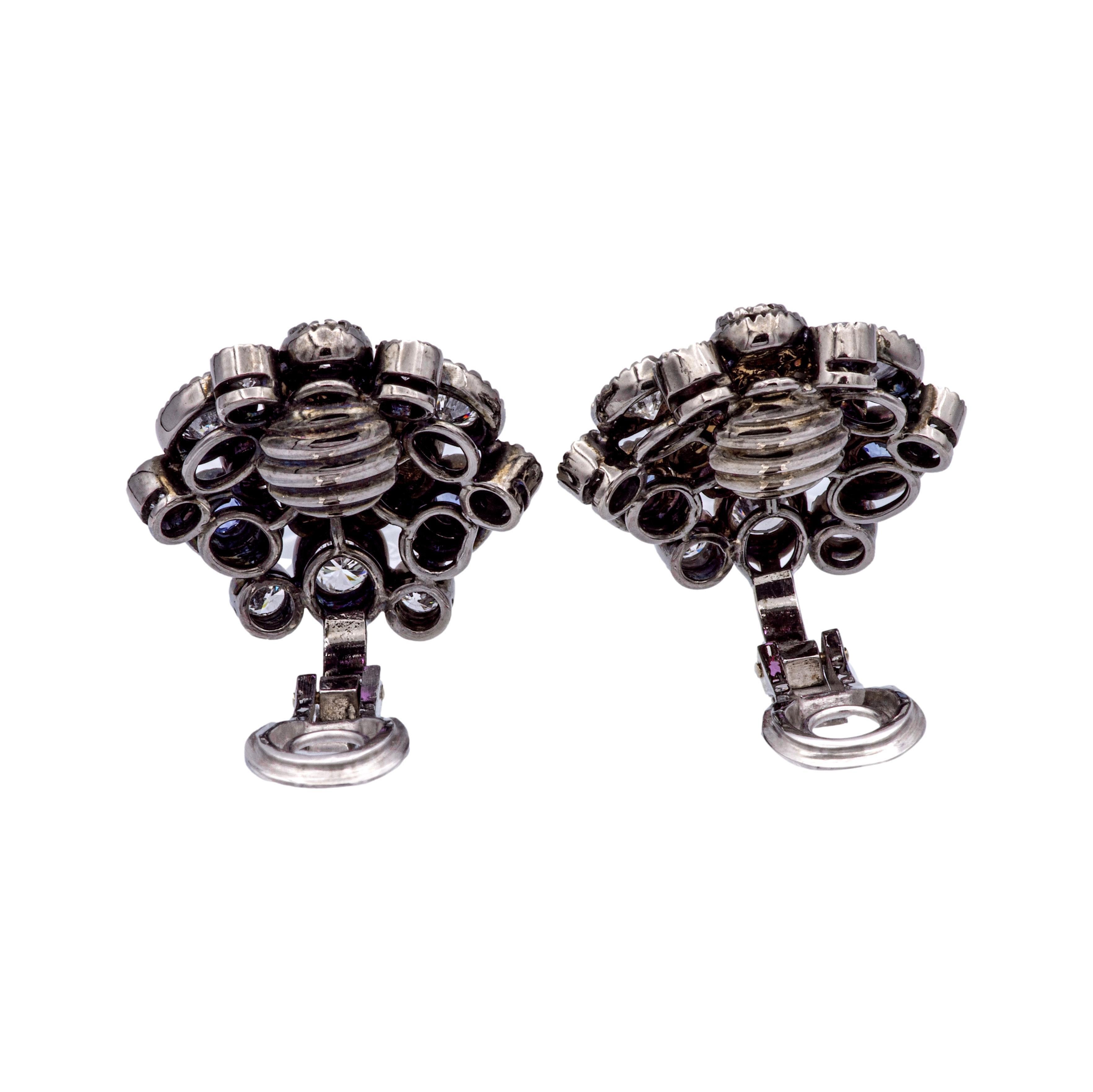 Boucles d'oreilles clips en or 18K rhodié noir, saphir et diamant 3ct Pour femmes en vente