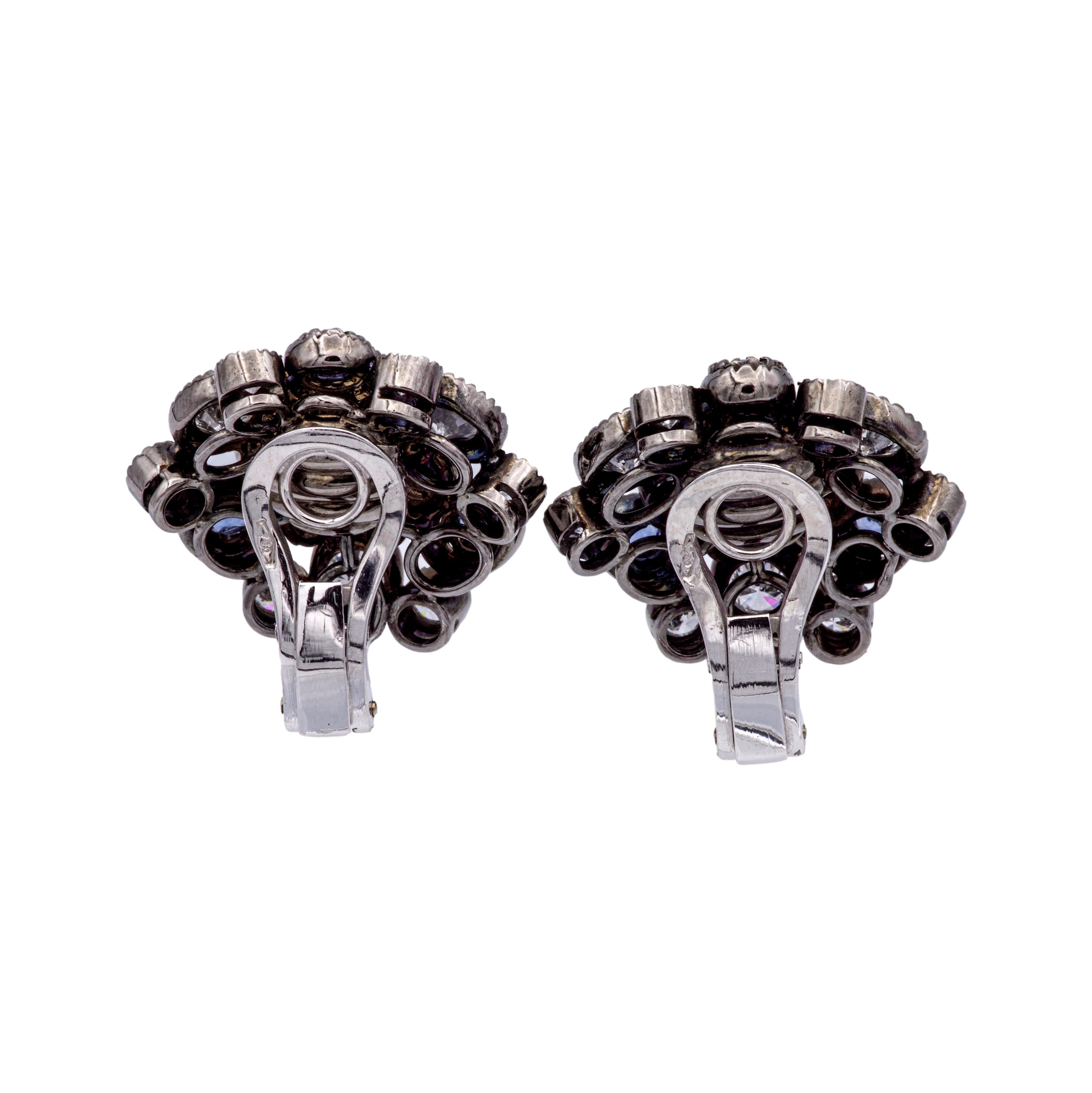 18K Gold Black Rhodium Sapphire Diamond 3ct Cluster Clip-On Earrings For Sale 1