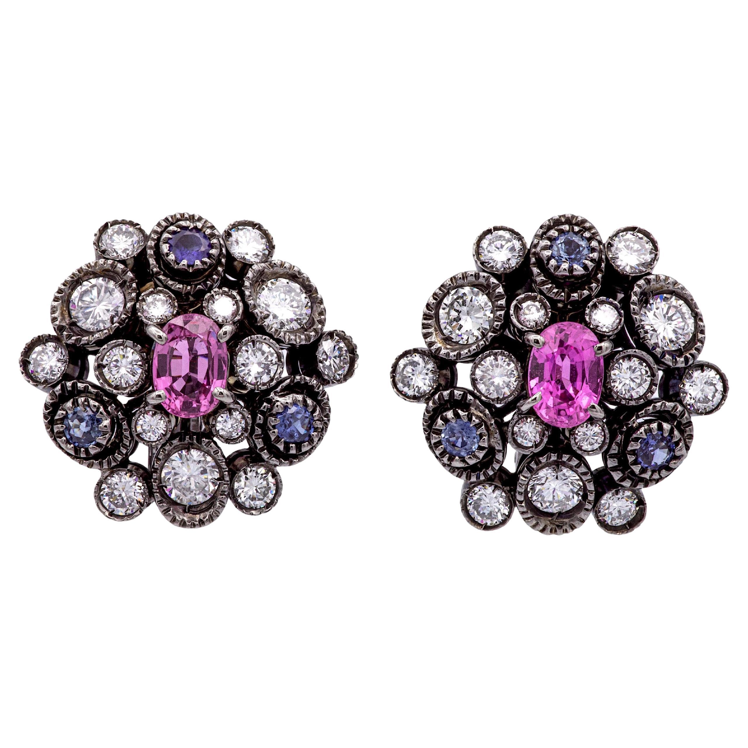 18K Gold Black Rhodium Sapphire Diamond 3ct Cluster Clip-On Earrings For Sale