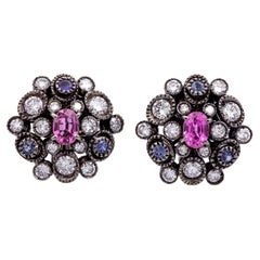 Vintage 18K Gold Black Rhodium Sapphire Diamond 3ct Cluster Clip-On Earrings