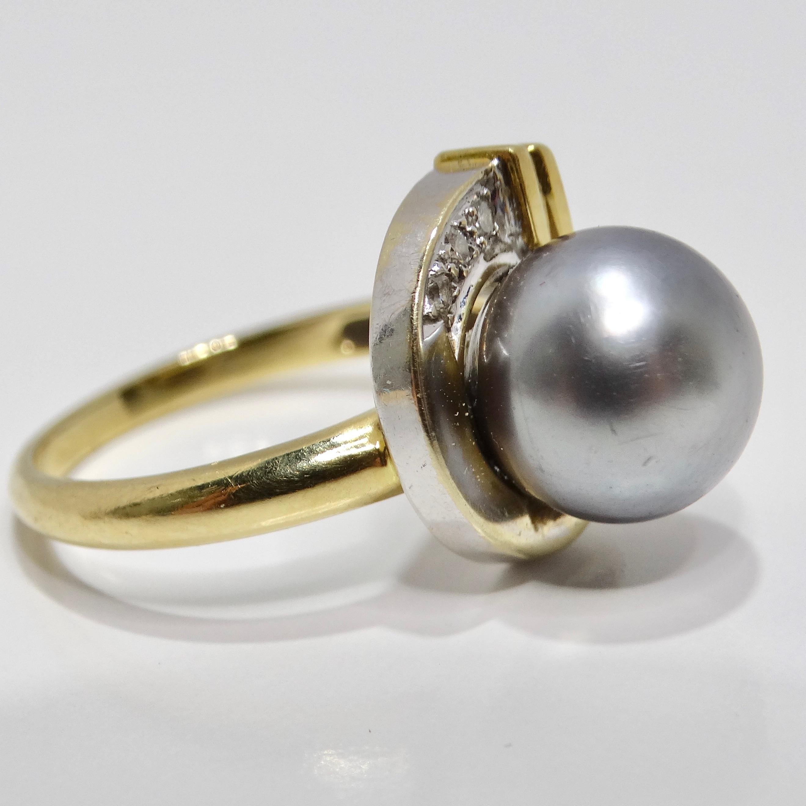 Round Cut 18K Gold Black South Sea Pearl Diamond Ring For Sale
