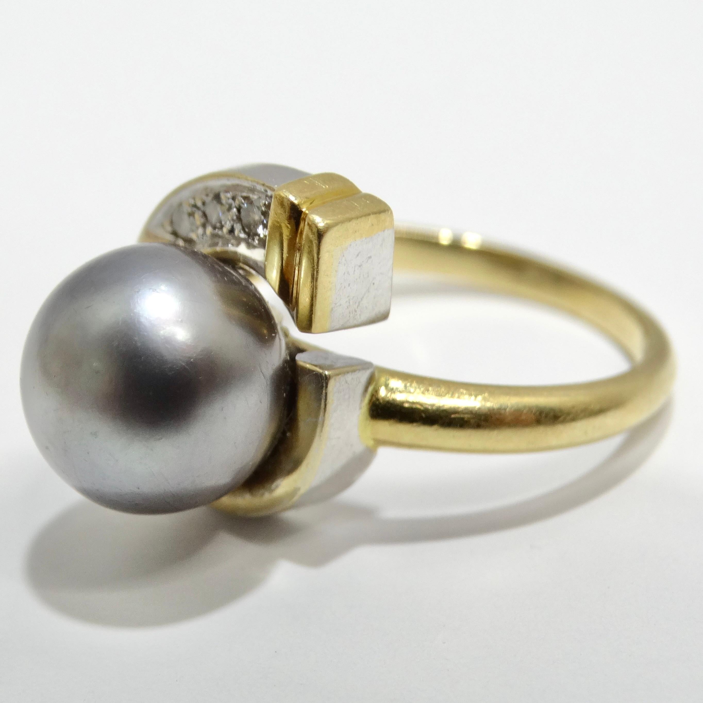 Men's 18K Gold Black South Sea Pearl Diamond Ring For Sale