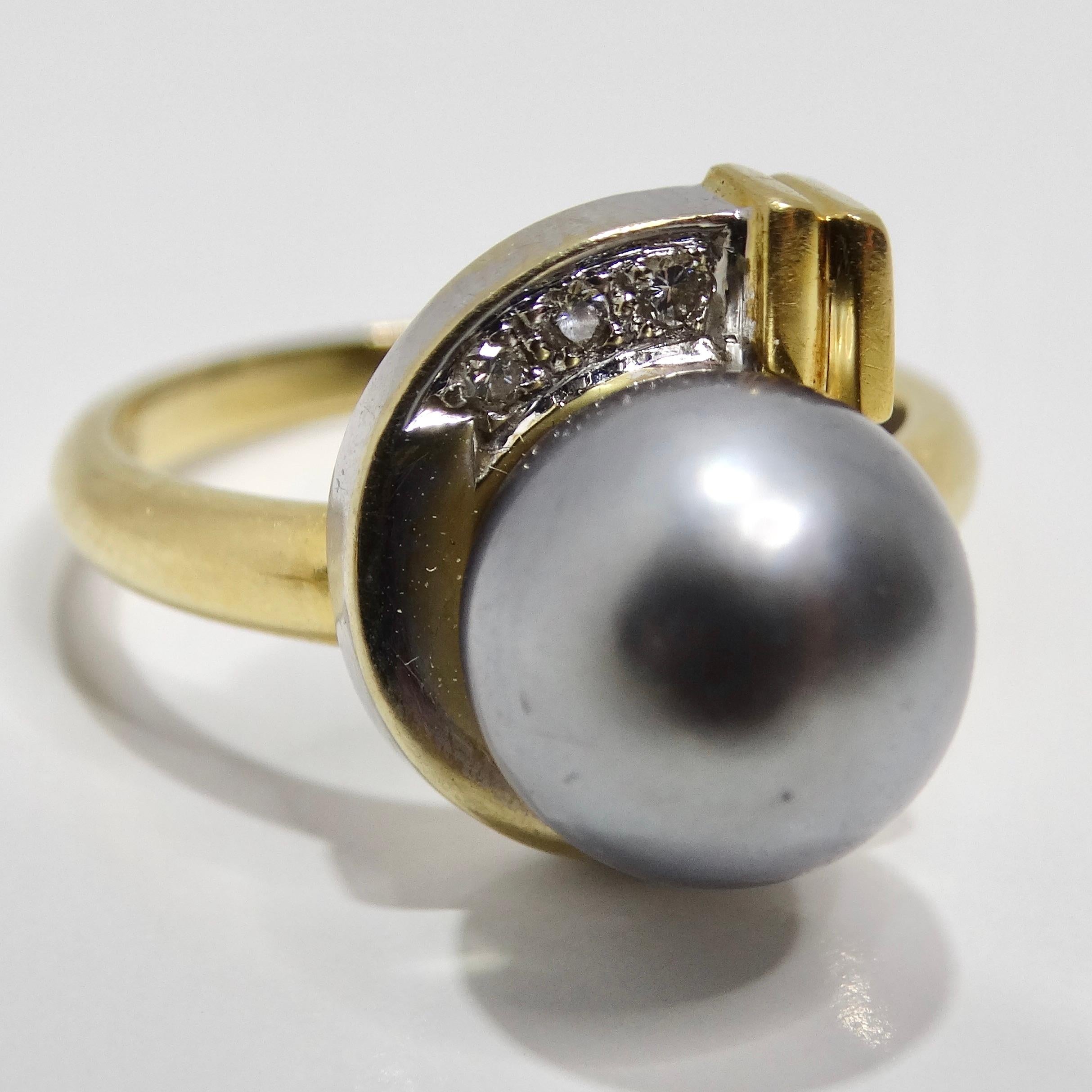 18K Gold Black South Sea Pearl Diamond Ring For Sale 2
