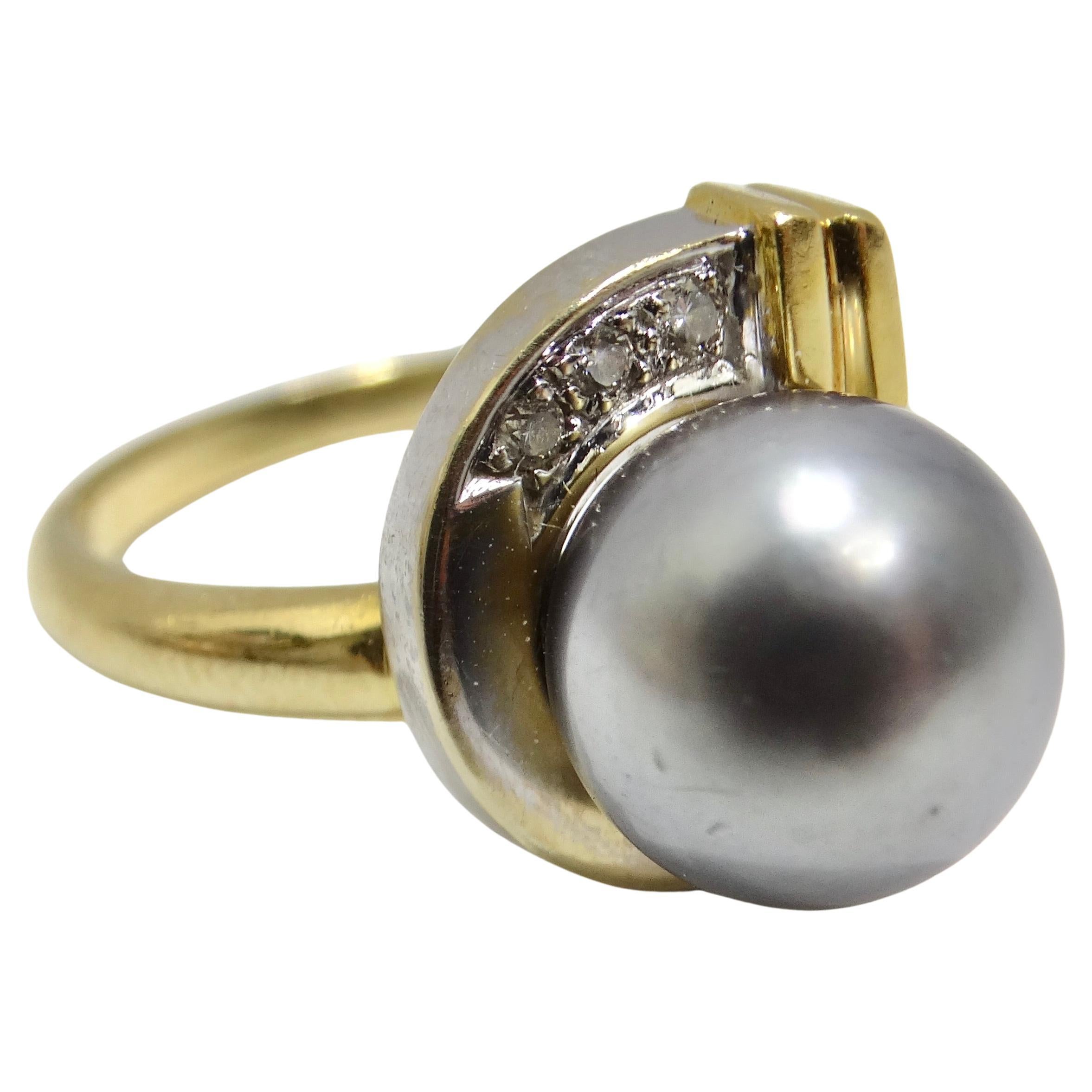 18K Gold Black South Sea Pearl Diamond Ring For Sale
