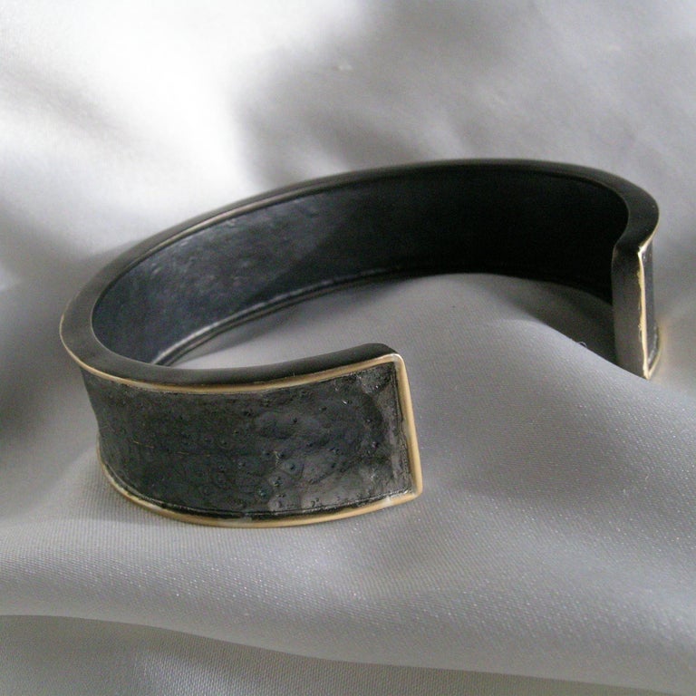 Art Deco 18k Gold & Blackened, Hammered Silver Cuff for Men For Sale