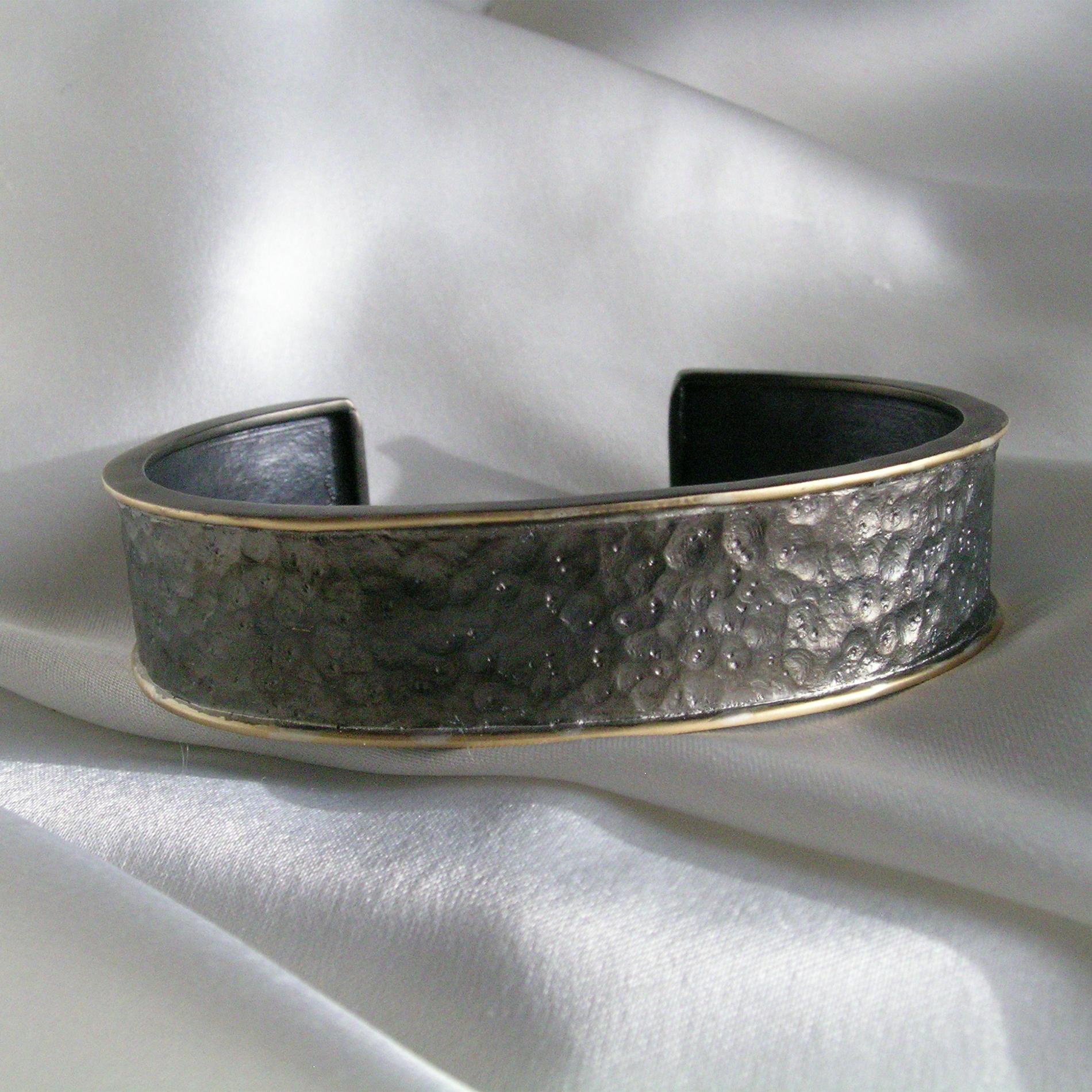 Women's or Men's 18k Gold & Blackened, Hammered Silver Cuff for Men For Sale