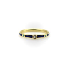 18K Gold Blue and Turquoise Enameled Ring with Diamond Accent