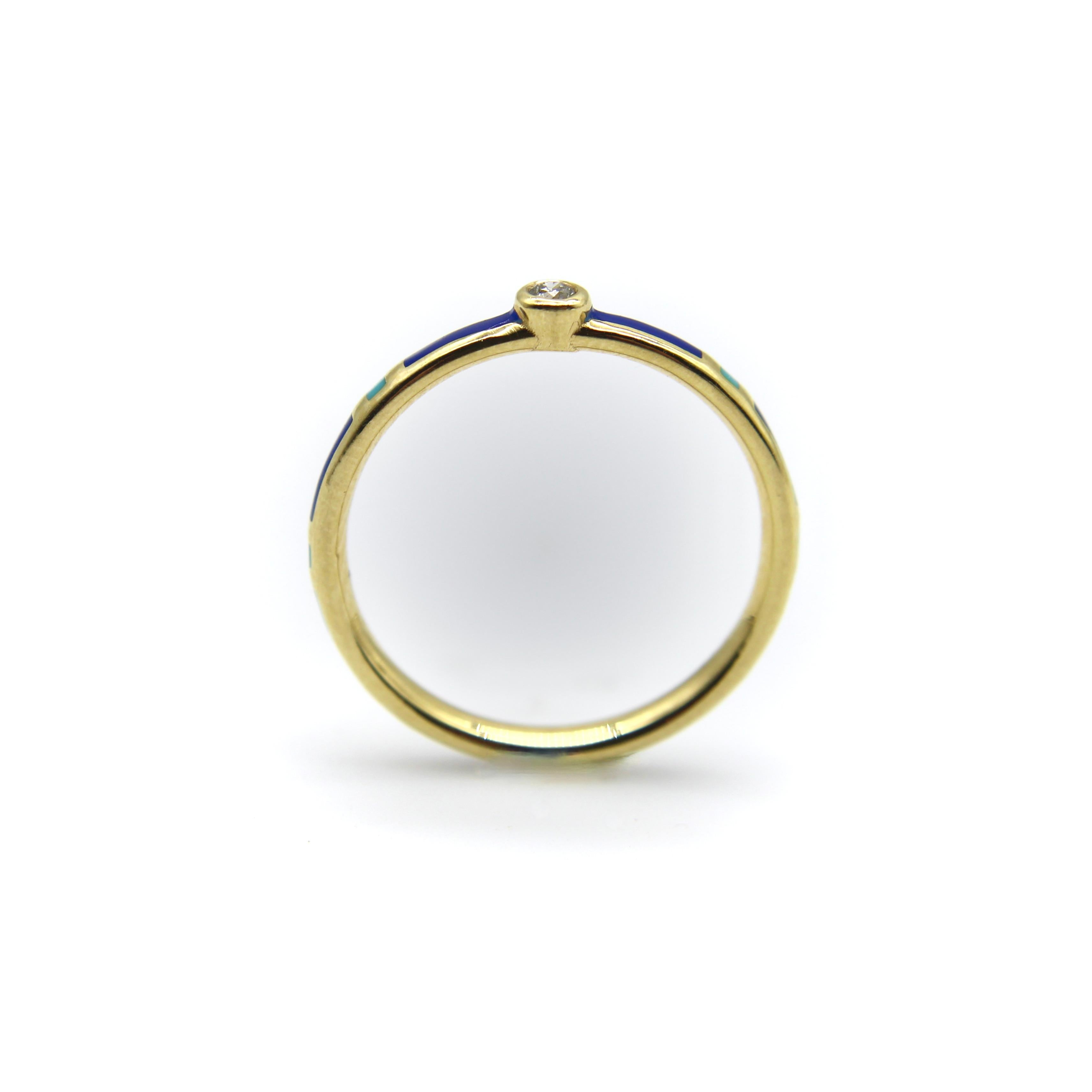 Taglio singolo Anello in oro 18 carati con smalto blu e turchese e accenti di diamanti in vendita