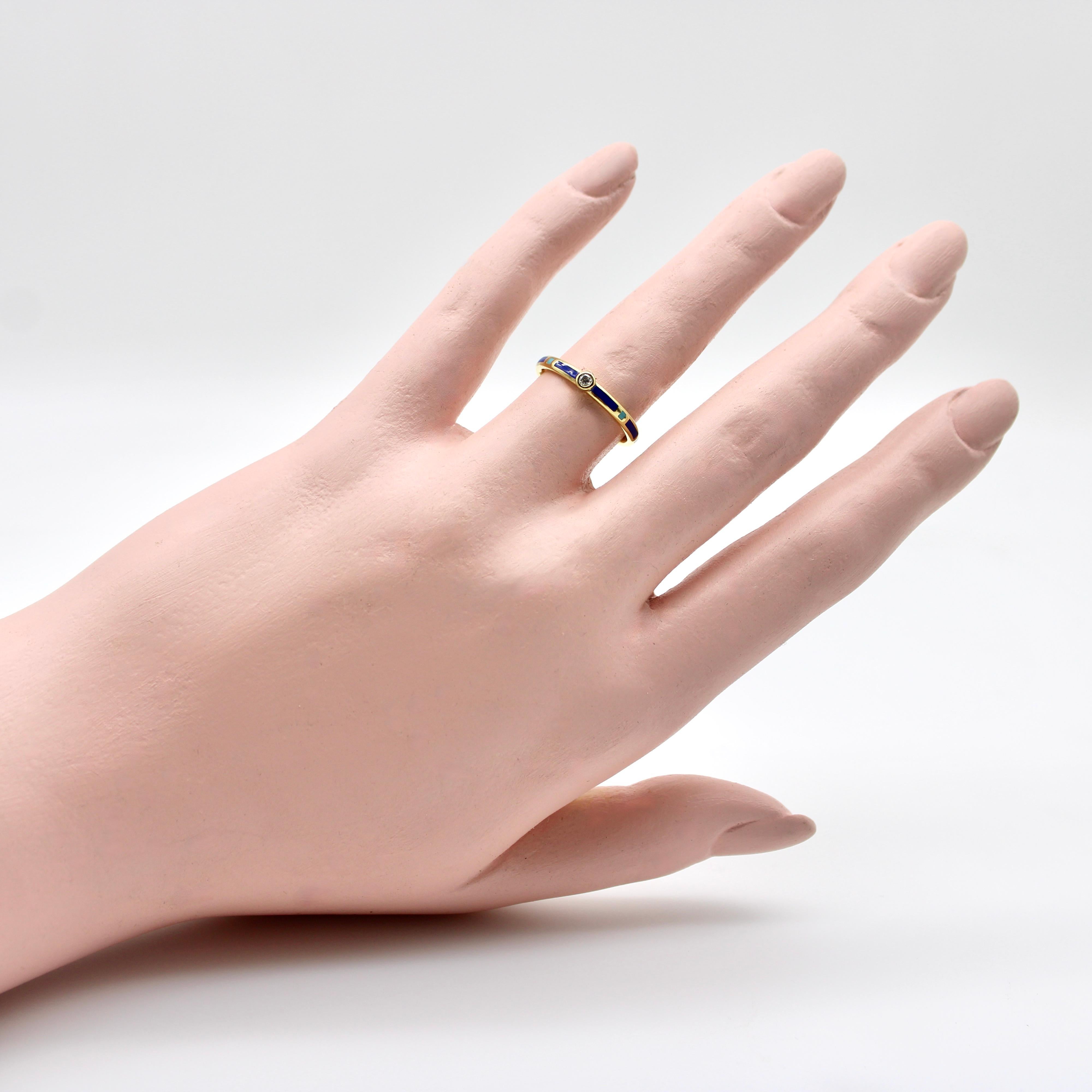 Anello in oro 18 carati con smalto blu e turchese e accenti di diamanti in vendita 1