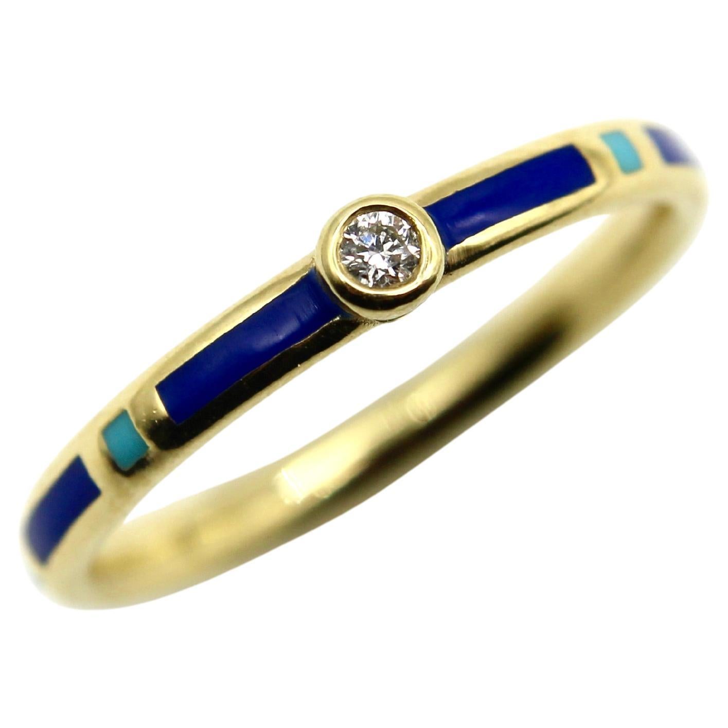 Anello in oro 18 carati con smalto blu e turchese e accenti di diamanti