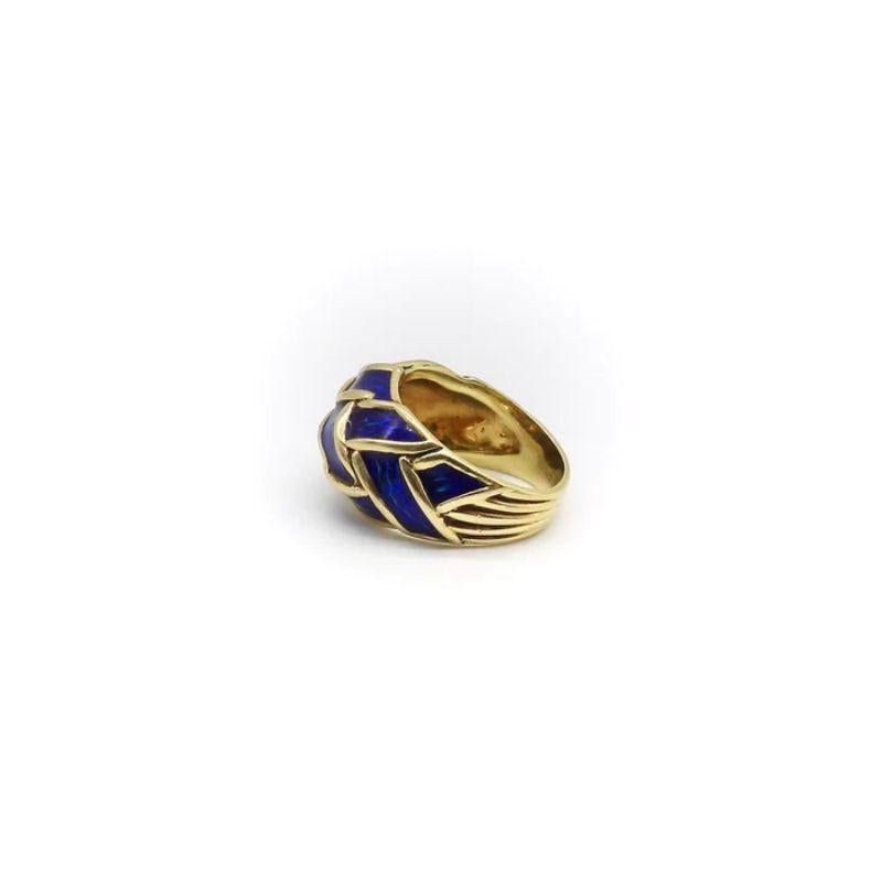 18K Gold Blue Enamel Hidalgo Basket Weave Dome Ring, circa 1990's In Good Condition For Sale In Venice, CA