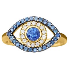 Blue Evil Eye Ring with Sapphires in Gold in stock